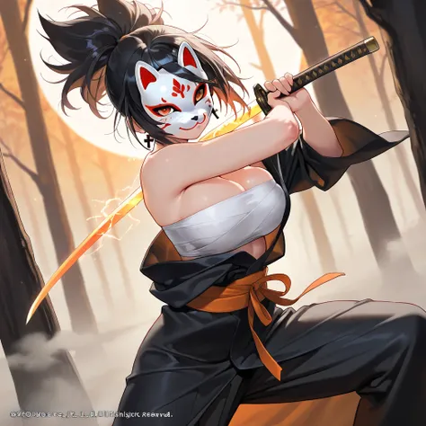 From diagonally above, looking up, (fox mask covered face), japanese swordswoman, thunder enchanted katana, sarashi, Crystal patterned black kimono, juunihitoe, cute girl, solo, short hair, ponytail hair, Black hair with brown ends, orange eyes, large brea...