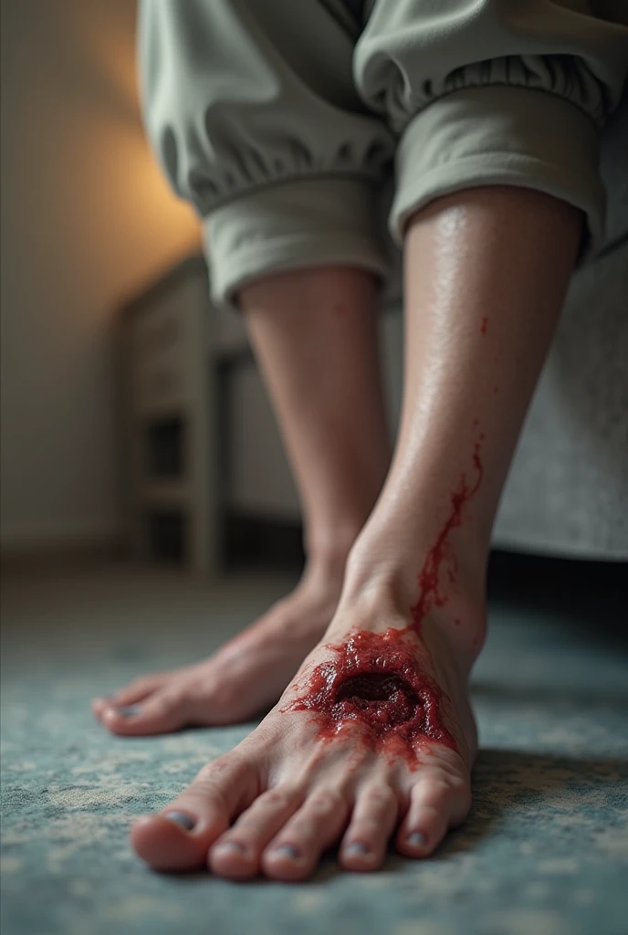 generates the image of a diabetic foot with a hole, a wound, of an elderly person. Scenario at home. Be very realistic.