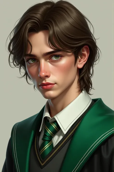  Create an image of an 18-year-old boy with medium-long brown hair with green eyes,to wear the Hogwarts School Slytherin robe with a serious expression 
