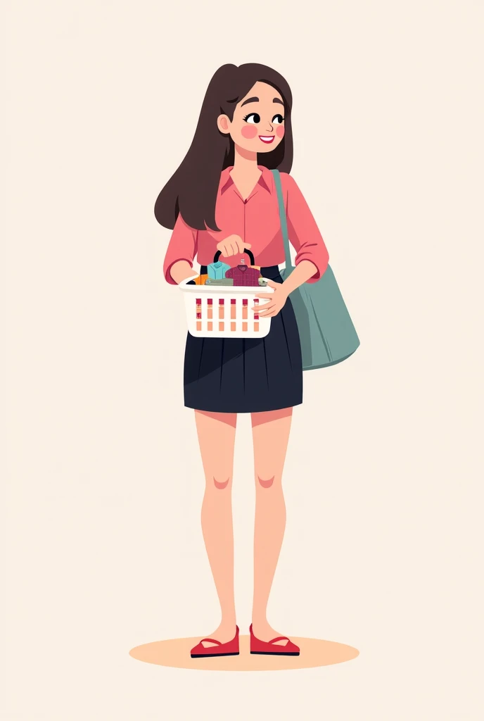 Online store logo A cute and beautiful  using a pink shirt and a black skirt is holding a shopping basket of clothes 