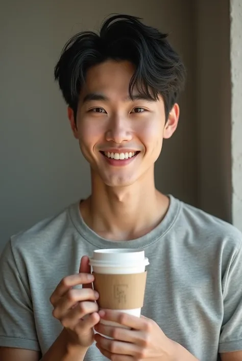 8k, real skin texture, korean 20-year-old, handsome guy, cha eunwoo, white skin, korean guy, casual outfit, happy face, smiling, standing and holding a cup of coffee