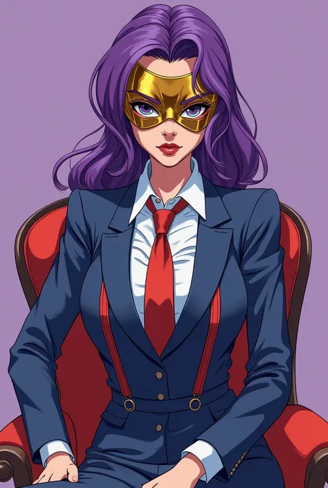 Create a vibrant and dynamic character design art with a beautiful style by Naoki Urasawa showing A woman with violet hair tone extremely thin and tall beautiful and beautiful but at the same time an air of power with a gold mask and a vintage suit with su...