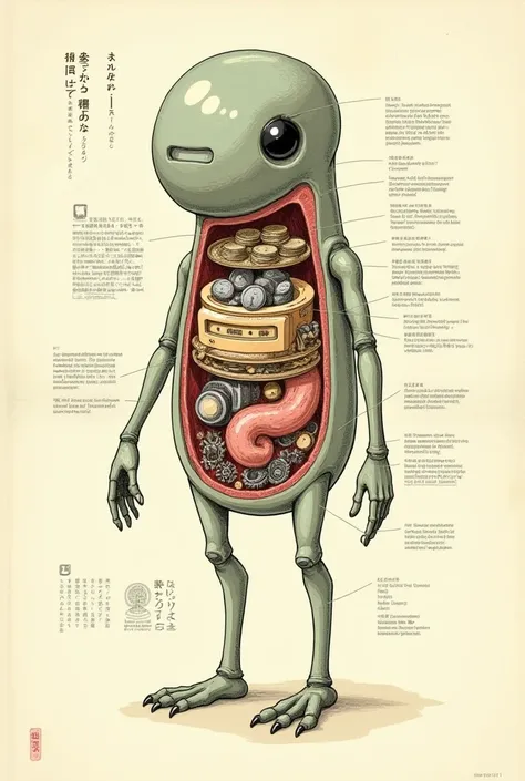 プロンプト: "A detailed anatomical diagram of a whimsical alien-like creature inspired by vintage Japanese kaiju designs. The creature has a bulbous, coin pouch-shaped head with a slot for inserting coins, thin limbs, and a rounded body. The cross-sectional vie...