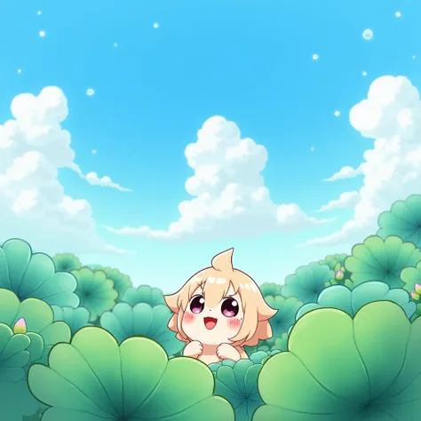 Blue sky, white clouds, green lotus leaves，Cute anime ，Mouth open，laughing very happily，The eyes are lively and focused，Laugh heartily among the lotus bushes，Department of Healing，Best Picture Quality, little  , anime