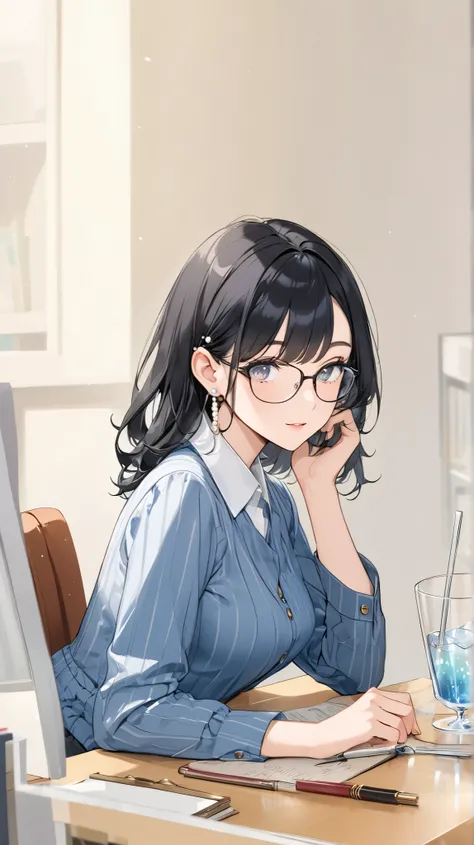  black hair, glass,  Pearl Earrings , The older sister who works at the library