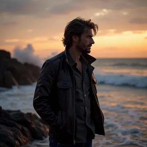 "Create an image of a man standing on a windswept beach at dusk. The sky is a canvas of fading oranges and purples as the last traces of sunlight dip beneath the horizon. His silhouette is strong, with tousled hair and a contemplative expression. He wears ...