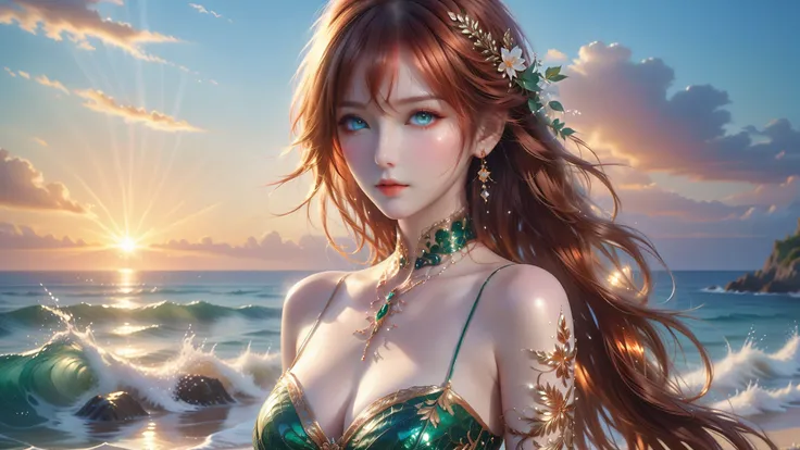 A Masterpiece In 32K Resolution, Supreme Quality, Super Detail, Official Art, Very High-Resolution 32K Wallpaper, Exquisite And Aesthetic, Ultra-Detailed Features, Awe-Inspiring Detail. An Enchanted Beach At Sunset With Waves Glistening Under The Sun And G...