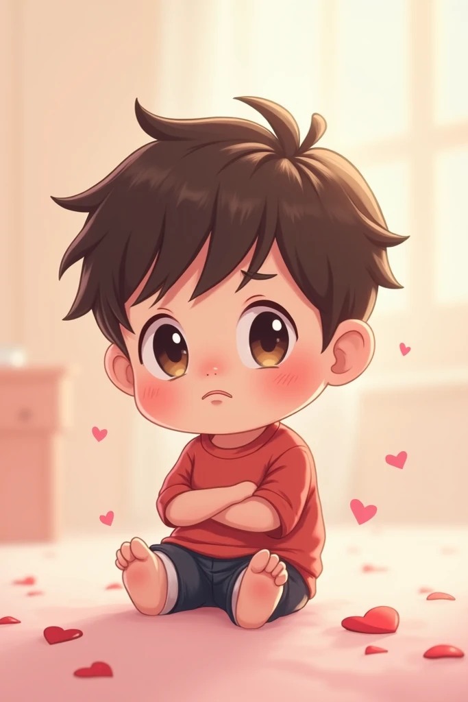 A cute valentine chibi boy tired of sitting and smiling while standing