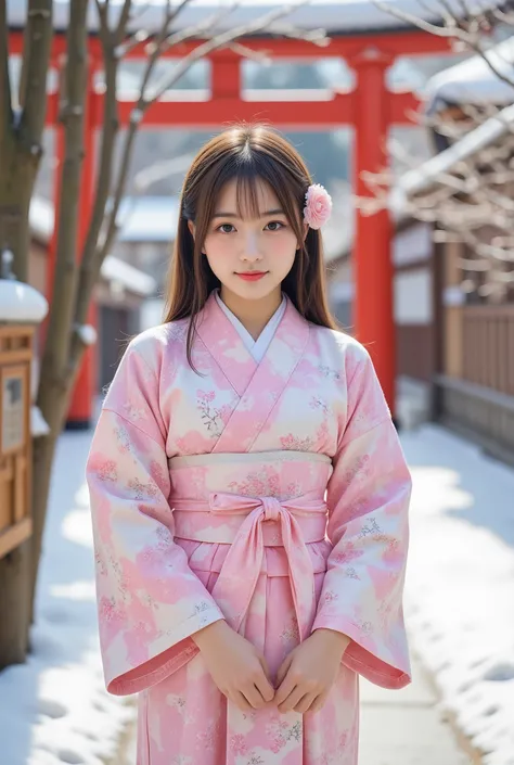 A bright winter day during the Japanese New Year. In the traditional setting of a shrine, with a red torii gate and a snow-dusted pathway, a beautiful high school girl in traditional attire visits for her first shrine visit of the year (hatsumode). She is ...
