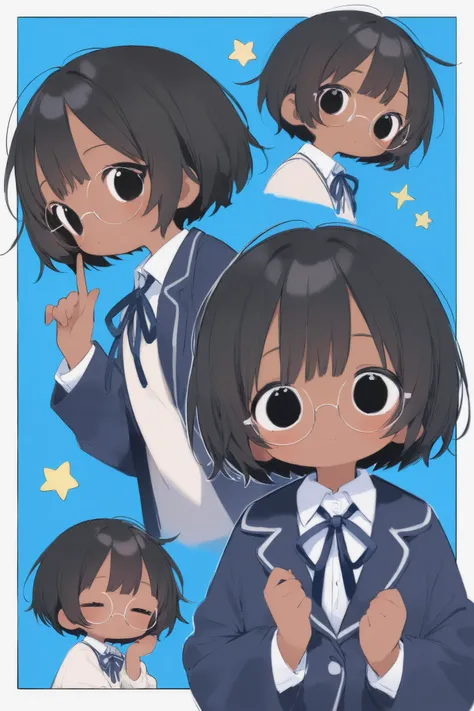 A cute girl with short black hair with bangs, black eyes with square glasses, brown skin on a blue background with stars.