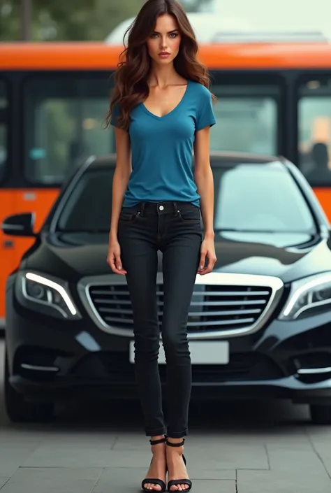 photorealistic painting.  a 30-year old woman . Shoulder Length.  short-sleeved blue t-shirt .  Black jeans .  high-heeled sandals . standing.  hand gesture meyangkal cynical face in front of a black sedan car.  angry expression .  clearly visible facial f...