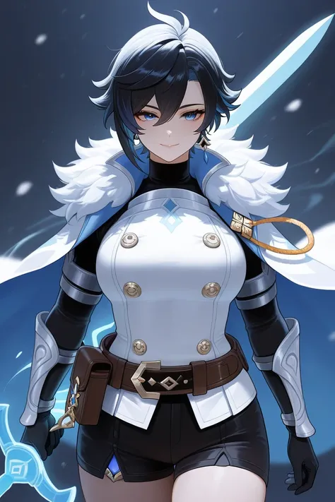 A woman with short black hair,Wearing a black turtleneck with black shorts,Wearing light armor,Symbol of wind, beautiful face, cool,Cheerful.Very sexy, Genshin,cool,She has a travel belt and a pouch.Shes wearing a cool cloak.She is sexy, big breasted and e...