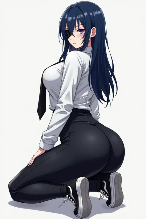 Anime girl with long dark blue hair, black patch on the right eye, white long sleeve office shirt, black tie,  tight black pants,  black tennis and white sole , voluptuous and huge butt,  kneeling on her back 