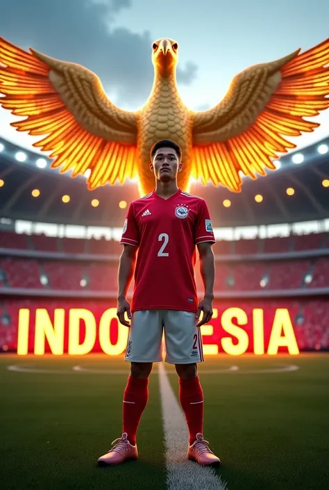 Highly realistic 8K portrait of a handsome Indonesian male soccer player, athletic build, Asian features with a sharp jawline, wearing a striking red Indonesian national team jersey with a modern design. The jersey features a subtle batik pattern woven int...