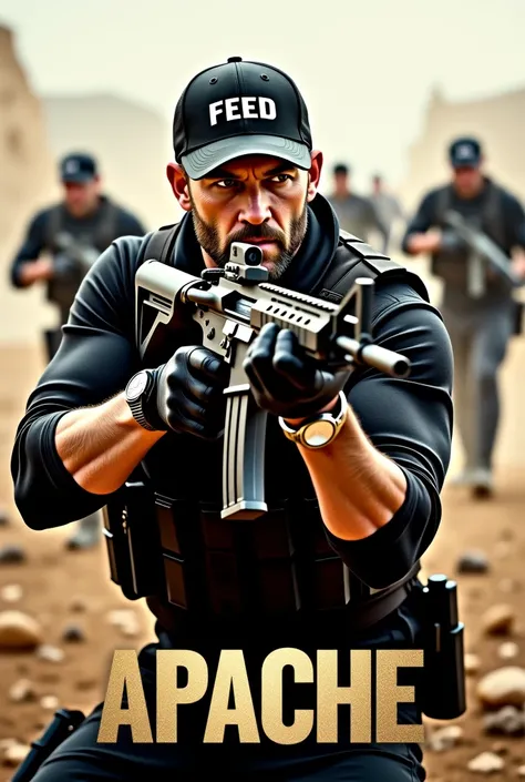 Create a poster for the movie "APACHE" with JASON STATHAM.The name of the movie "APACHE" is written in capital letters, in metallic gold, placed at the bottom of the poster. The poster focuses on Jason Statham as a soldier in combat. The setting appears to...