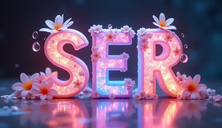 A cinematic 3D render of a magical and feminine alien text display reading "SER". The text is written in intricately designed, stylized  modern letters adorned with cosmic flowers. Each letter emits a flow of vibrant, fluorescent liquid textures in pastel ...