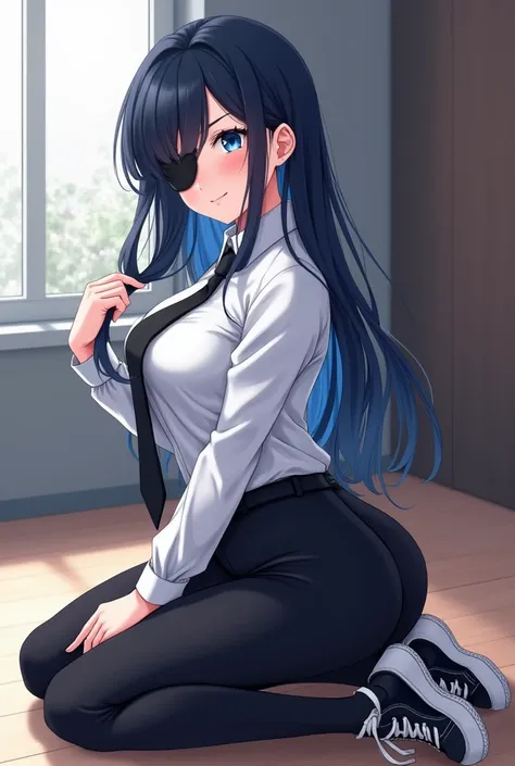 Anime girl with long dark blue hair, black patch on the right eye, white long sleeve office shirt, black tie,  tight black pants,  black tennis and white sole , voluptuous and huge butt,  kneeling on her back , smiling blushing