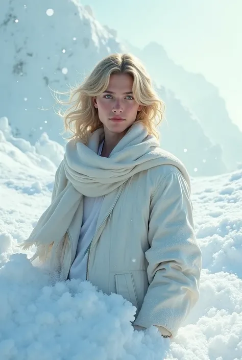 Young man with long blond hair , wavy, falling on his shoulders.  green eyes,  slightly tanned skin and fine features. under the snow,  realistic  