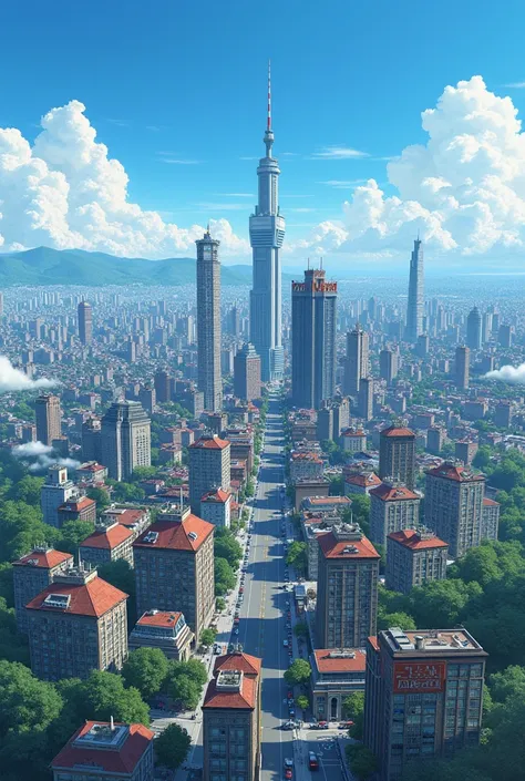 Big city with short buildings stlye anime visible from a distance of 10 km