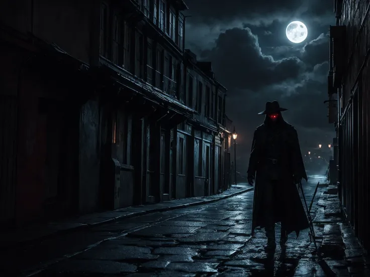 A dark and moody cityscape shrouded in eternal twilight, with towering gothic buildings casting jagged shadows across narrow cobblestone streets. The sky is filled with swirling storm clouds, illuminated by a pale, ominous moon. Silhouettes of bats scatter...