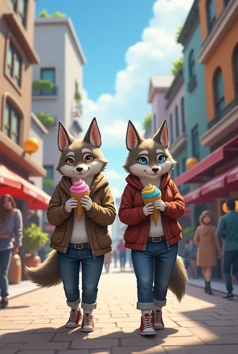 Furry, two wolves walking through the square while eating ice cream together.