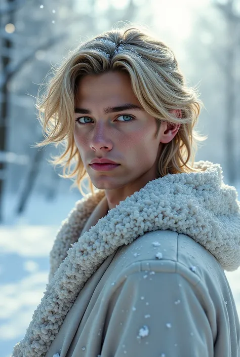 Young man with long blond hair , wavy, falling on his shoulders.  green eyes,  slightly tanned skin and fine features. under the snow,  realistic  