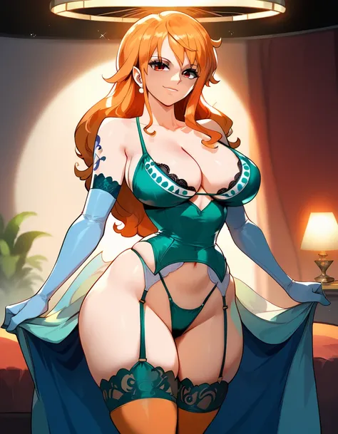 score_9, score_8_up, score_7_up, source_anime, best quality, clear face, Nami, orange hair, long hair, orange eyes, , perfect body, looking at viewer, smile, cleavage, gorgeous room, lighting, hotel, from front, standing, thighs.Sexy long gloves with lace ...