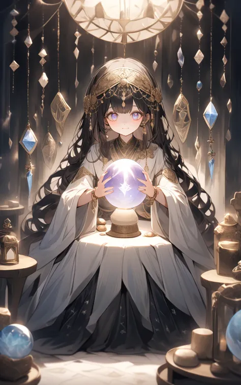 The legendary fortune teller Prompt: A mystical fortune-teller seated in a lavish, candlelit tent filled with mysterious artifacts. She wears flowing robes adorned with celestial patterns, and her wrists are stacked with jingling bracelets. Her deep, enigm...