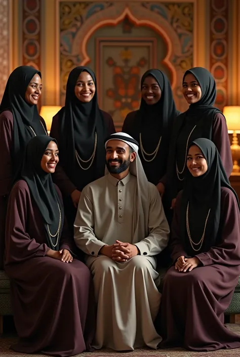 Smiling Arab man polygamous of 5 black Muslim women