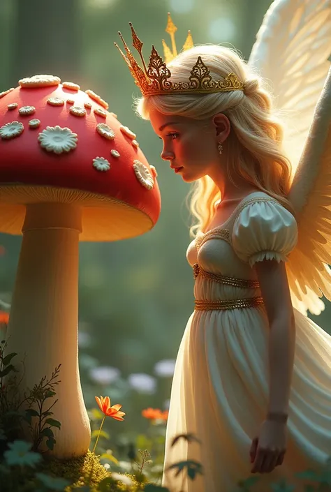  Human princess and a mushroom face to face ,  the princess with intense expressions , happy and demonstrating a sense of willpower and a readiness to engage and challenge themselves.  The very beautiful red and white mushroom with a healthy appearance ,  ...