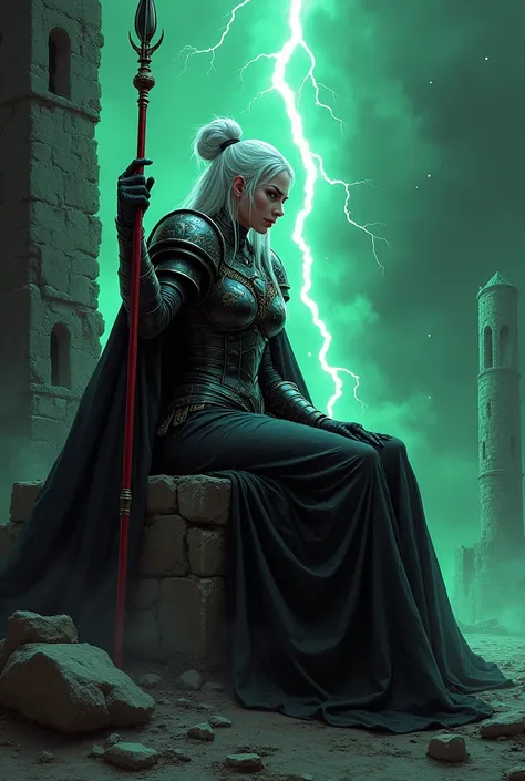  comic manga art ,  scenario of a giant castle in night ruins with a great electrical storm,  angry Albin woman with disdain beautiful primarch,  emerald green eyes ,  long white hair tied ,  black lips,  heavy metal armor thick and large , black Warhammer...