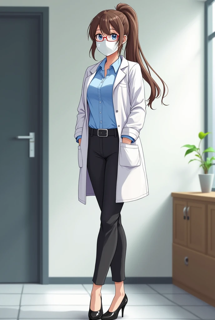 Anime style 
White surgical mask 
White mask
Female
Woman
Adult
35 years old 
Red lips
Brown hair
Long hair
One ponytail 
Blue eyes
Blue shirt
Light blue shirt
Black pants
White lab coat 
White lab
Black Heels
Glasses
Lab home
Apartment
Building interior