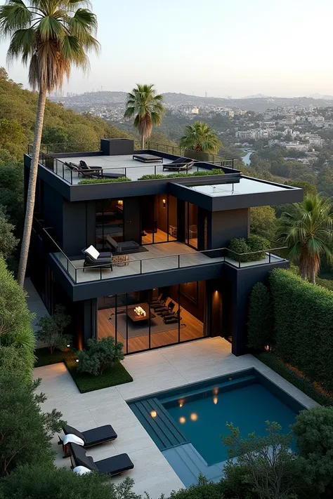 Image of a house in the middle of Beverly Hills in the city of Los Angeles ,  a modern black house with ample parking for several cars,  an infinity pool and a basketball court .