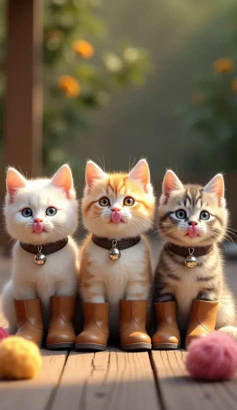 " create four adorable ,  slightly wrinkled texture and sturdy sole , 质朴棕色boots.  Each kitten has a unique coat color :  one has creamy white hair ,  and the other has off-white hair ,  and the third has only light orange tiger fur ,  and the fourth has on...