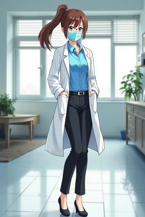 Anime style 
Light blue surgical mask 
Light blue mask
Female
Woman
Adult
35 years old 
Red lips
Brown hair
Long hair
One ponytail 
Blue eyes
Blue shirt
Light blue shirt
Black pants
White lab coat 
White lab
Black Heels
Glasses
Lab home
Apartment
Building ...