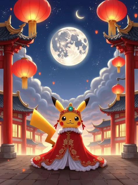  creating a surrealistic 、, an emotional digital painting ， that captures the essence of loneliness and longing in the background 。 , set in the Guanghan Palace  ，  soft moonlight floods the midnight sky  ， The protagonist is Pokémon 、Pikachu。  The paintin...