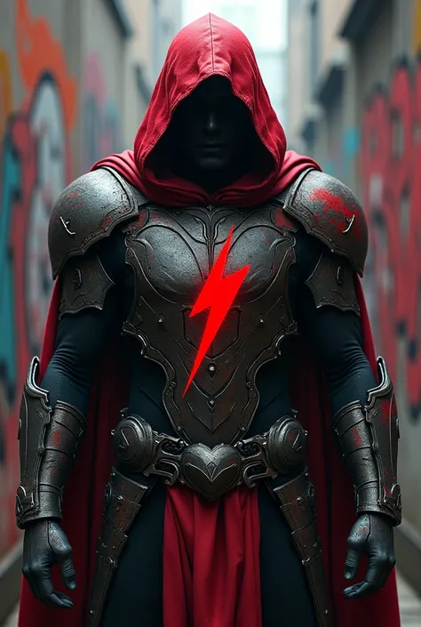 Mysterious faceless man wearing a red hood and armor with a red lightning bolt amidst graffiti style armor