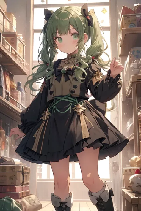 (masterpiece), (best quality), detailed,
1 girl, soro, twintails, long wavy hair twintails.hairs between eyes,dark green eyes ,dark green hair, (magical girl:1.2),
bow, dress, (pink:0.6), over legwear, boots, too many frills, too many bow, standing,striped...