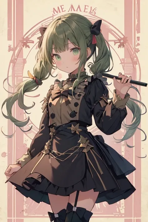 (masterpiece), (best quality), detailed,
1 girl, soro, twintails, long wavy hair twintails.hairs between eyes,dark green eyes ,dark green hair, (magical girl:1.2),
bow, dress, (pink:0.6), over legwear, boots, too many frills, too many bow, standing,striped...