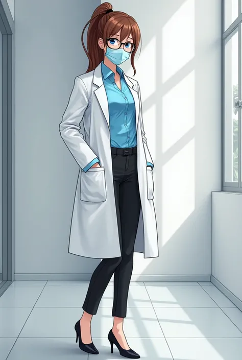 Anime style 
Light blue surgical mask 
Light blue mask
Female
Woman
Adult
35 years old 
Red lips
Brown hair
Long hair
One ponytail 
Blue eyes
Blue shirt
Light blue shirt
Black pants
White lab coat 
White lab
Black Heels
Glasses
Lab home
Apartment
Building ...