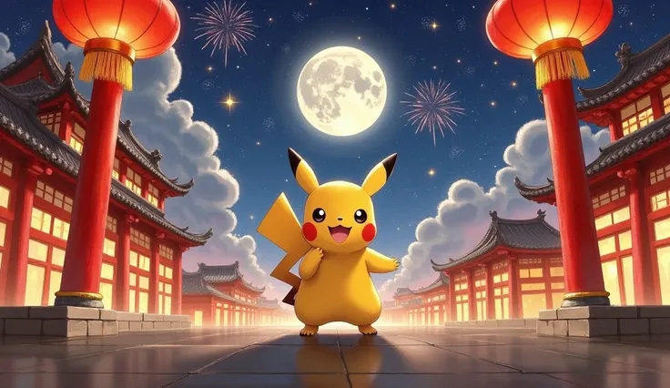  creating a surrealistic 、, an emotional digital painting ， that captures the essence of loneliness and longing in the background 。 , set in the Guanghan Palace  ，  soft moonlight floods the midnight sky  ， The protagonist is Pokémon 、Pikachu。  The paintin...