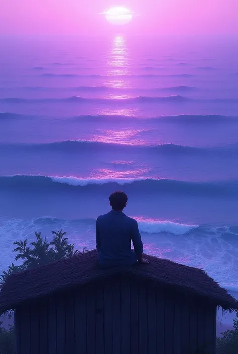 Homme assis sur le toit dune cabane de dos, contemplant un ocean violet