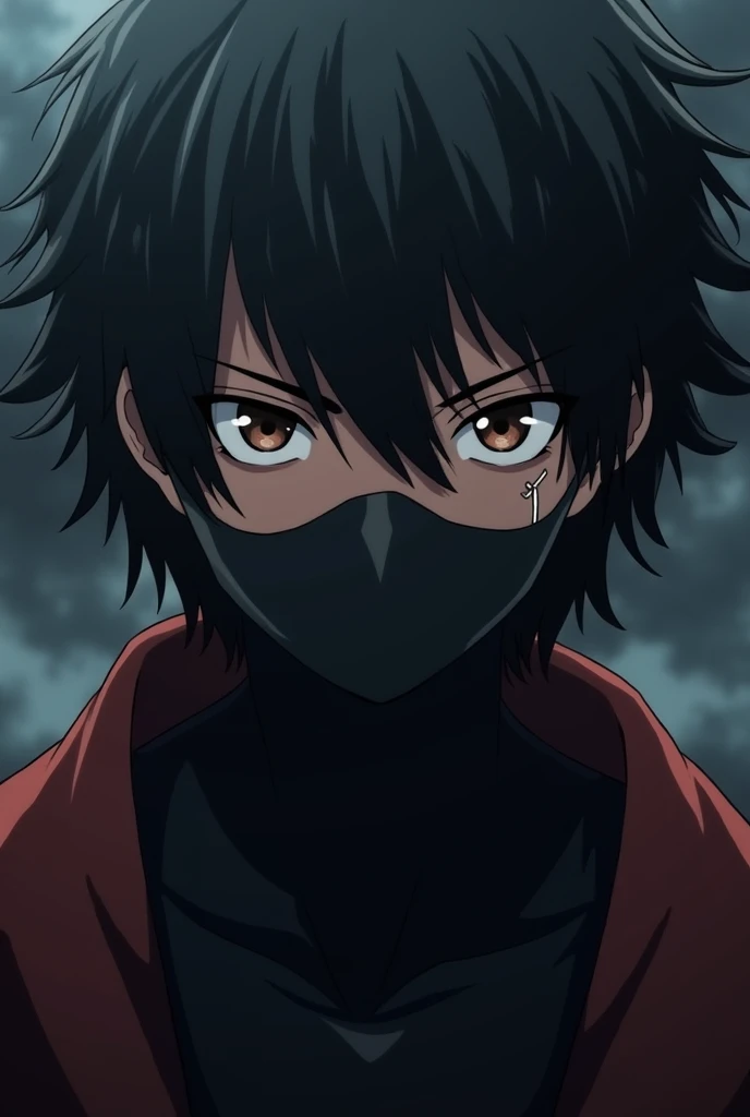   With short wavy black hair like Bakugks,  brown eyes , black mask, scar between the eyes , Your skin is dark  

(anime)Franja, Franja entre os olhos, 