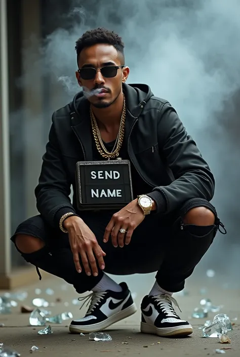  This picture shows a man squatting in cool style.  He is wearing a black jacket ,  black pants torn at the knee ,  black and white sneakers ,  as well as white socks .  This man also wears sunglasses ,  some chain necklaces , and a gold watch .  He appear...