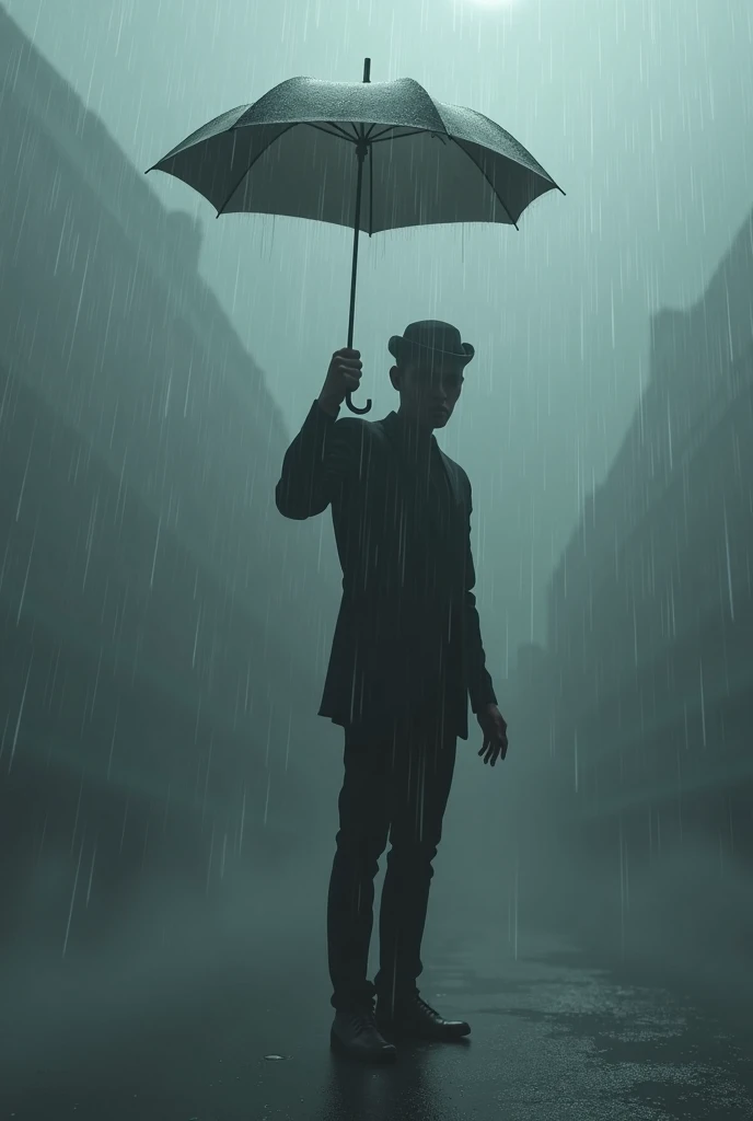 A mysterious man standing on his back with an umbrella in his right hand at night and in rainy weather 