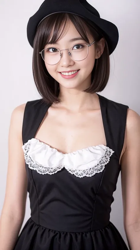 ( top quality :1.5), ( real:1.4), ( Ultra Fine:1.4), (1girl), (18-years-old girl), (normal body), (normal size breasts), ( Idol Costumes), (normal height), (bangs), ( bob cut), (Glasses), (big smile), (girl with glasses is standing front the plain backgrou...