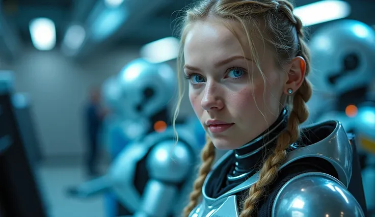 a full body shot, Dr. Sam, a 33 yo Oslo Norway woman, beautiful blue eyes, long blond braided hair, stood in blue and silver science lab with is playing with lifelike android robots. donning a chrome Scorpion battle suit Working on Scorpion robots with det...