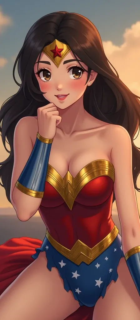 (Wonder Womanとスーパーガール。To the camera、Place your hand on your chin。Lying on your back、Laughing、Long Shot)、AnimeOn the left is Japanese、cute、Wonder Woman。 Brown Hair、masterpiece、beautiful girl、 beautiful eyes、Swollen eyes、A ray of hope、Best Quality、超High reso...