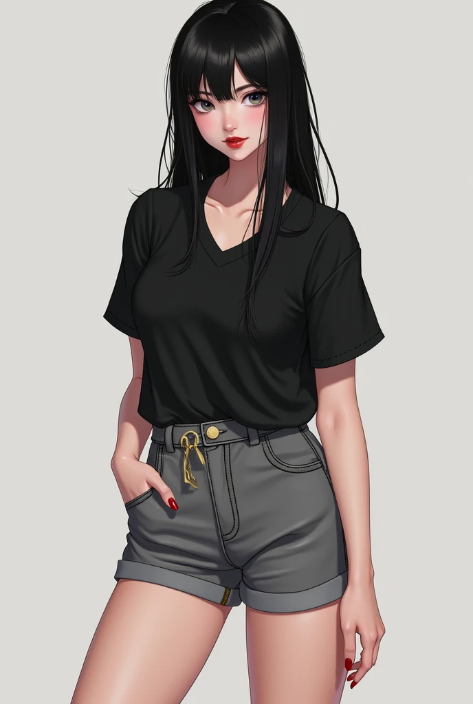 a 22 year old girl,  With soft white skin ,  long straight black hair,  gray eyes,  oval face and round black eyebrows .  His build is slim and athletic . She wears a short sleeve black blouse ,  a gray shorts and tall black flip flops .  Her lips are pain...