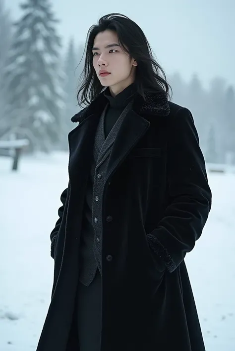 Young man with Asian features. PIEL BLANCA, reddish lips and cheeks, long black hair. Wearing a black plush coat under the snow .  realistic 